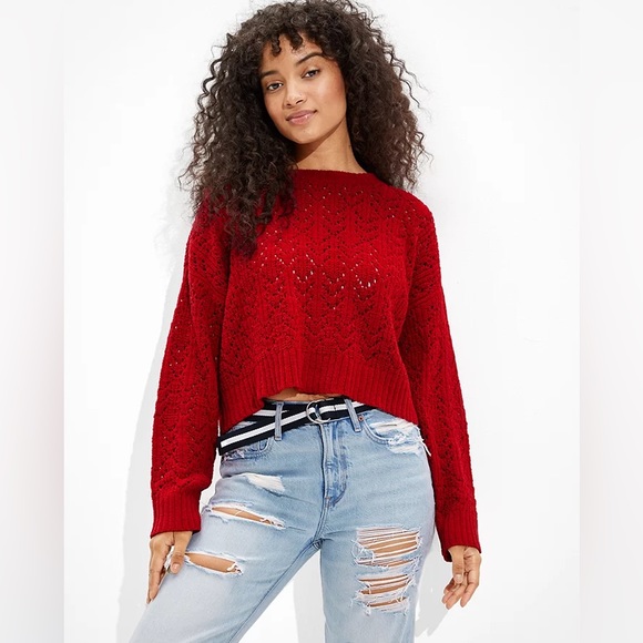 American Eagle AE RedCropped Pointelle Crew Neck Sweater XL - Picture 1 of 9